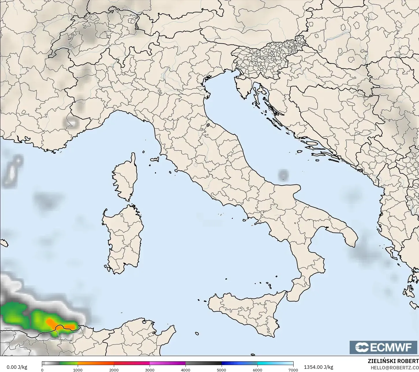 ECMWF IFS 0.25° model - Italia, CAPE