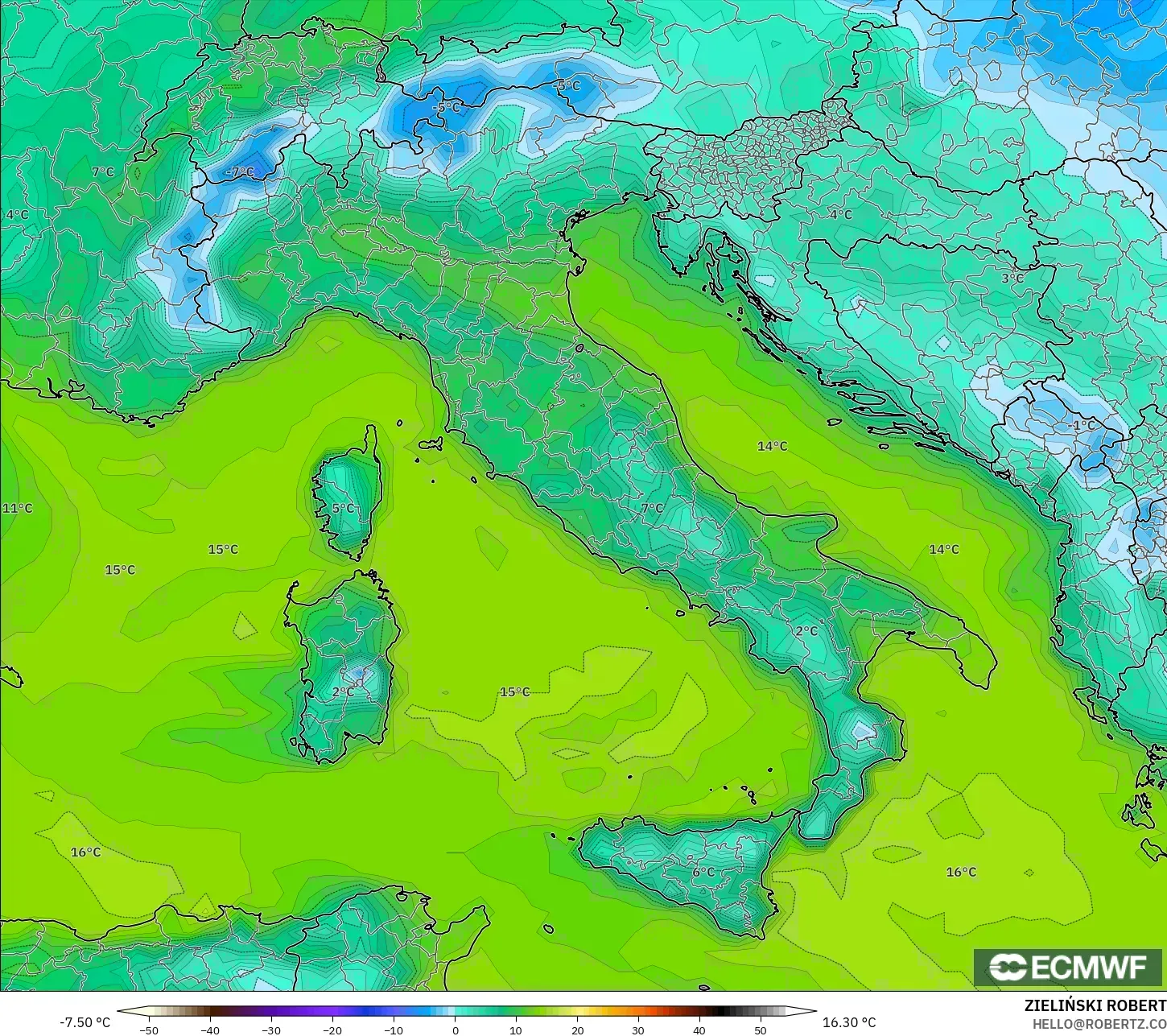 ECMWF IFS 0.25° model - Italia, Titik Embun 2 m