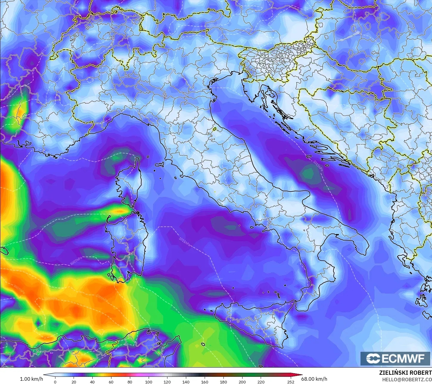 ECMWF IFS 0.25° model - Italia, Puncak Hembusan