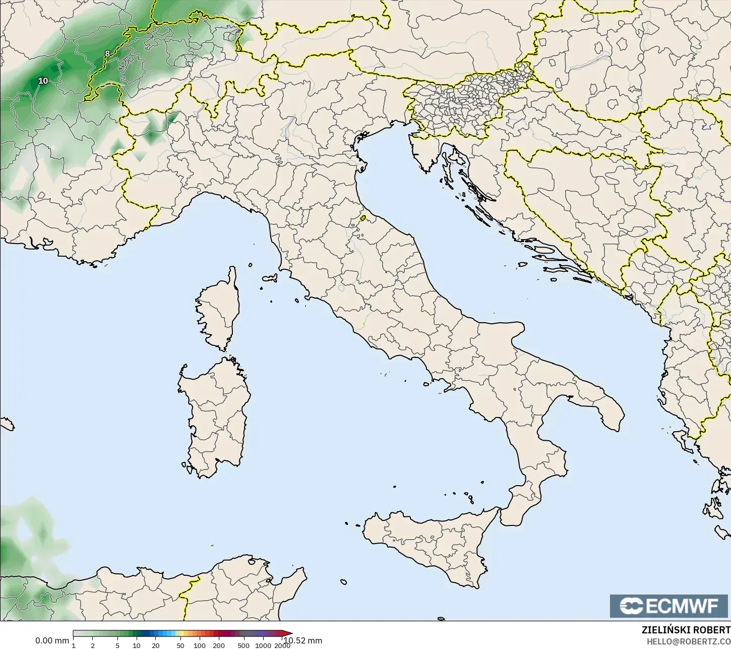 ECMWF IFS 0.25° model - Italia, Akumulasi Curah Hujan