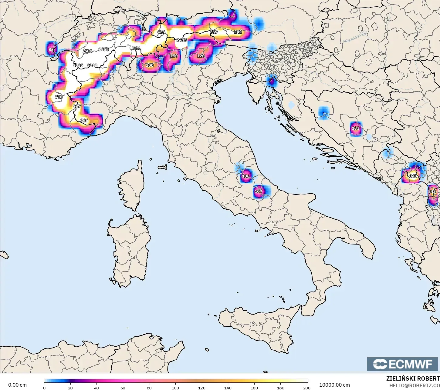 ECMWF IFS 0.25° model - Italia, Kedalaman Salju