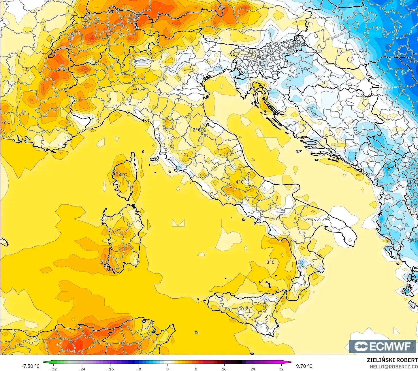 ECMWF IFS 0.25° model - Italia, Anomali Suhu 2 m
