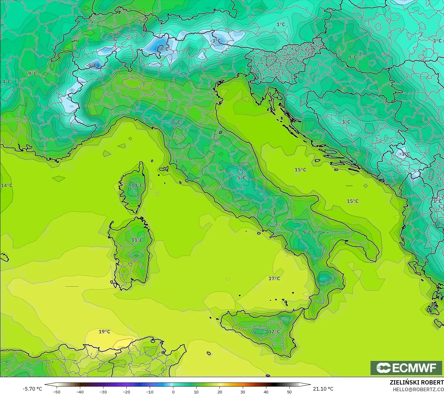 ECMWF IFS 0.25° model - Italia, Suhu 2 m