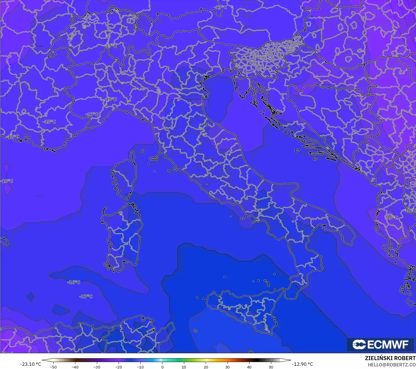 ECMWF IFS 0.25° model - Italia, Suhu 500 hPa
