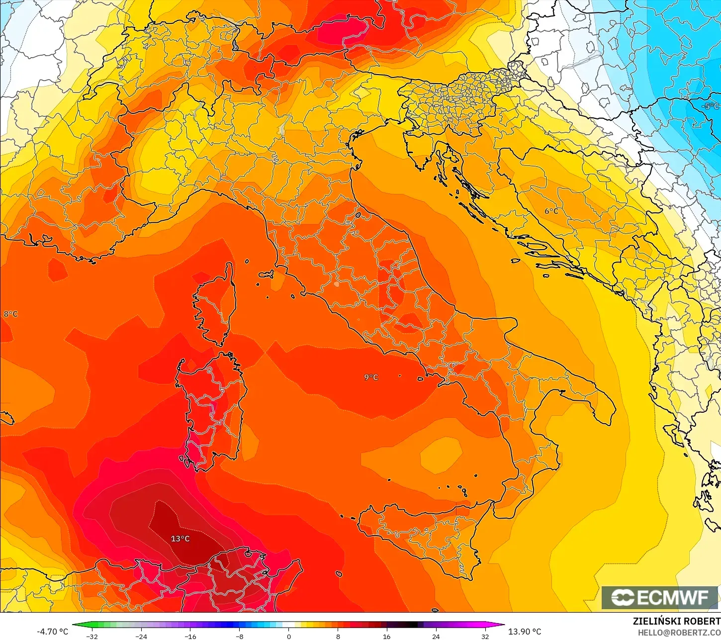 ECMWF IFS 0.25° model - Italia, Anomali Suhu 850 hPa