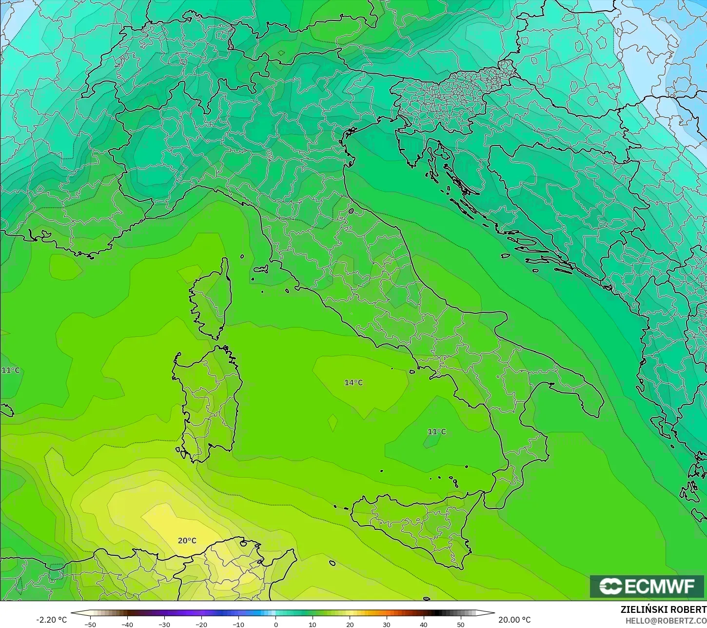 ECMWF IFS 0.25° model - Italia, Suhu 850 hPa