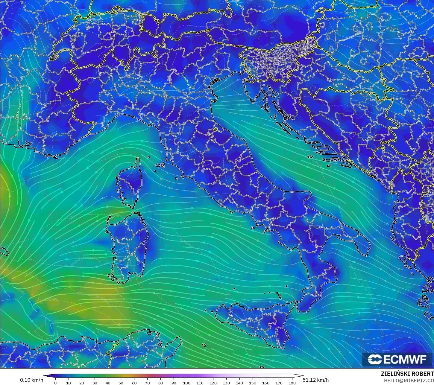 ECMWF IFS 0.25° model - Italia, Angin 10 m