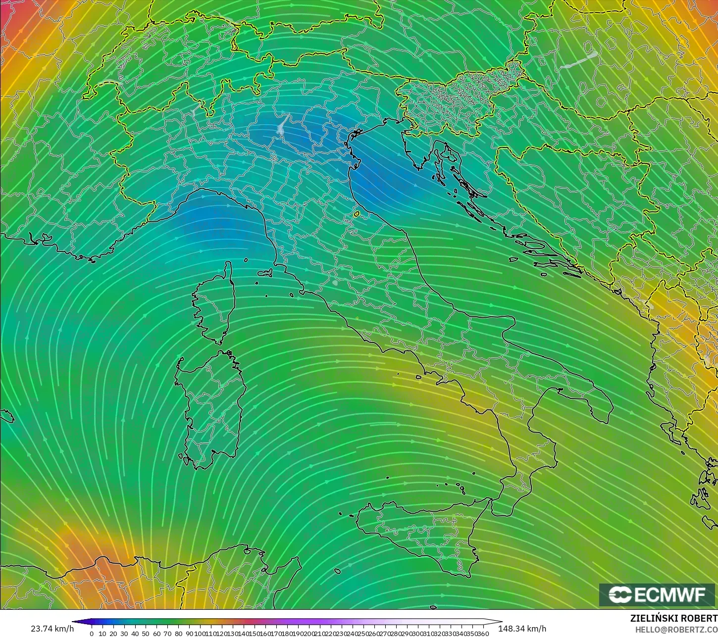 ECMWF IFS 0.25° model - Italia, Angin 300 hPa (aliran jet)