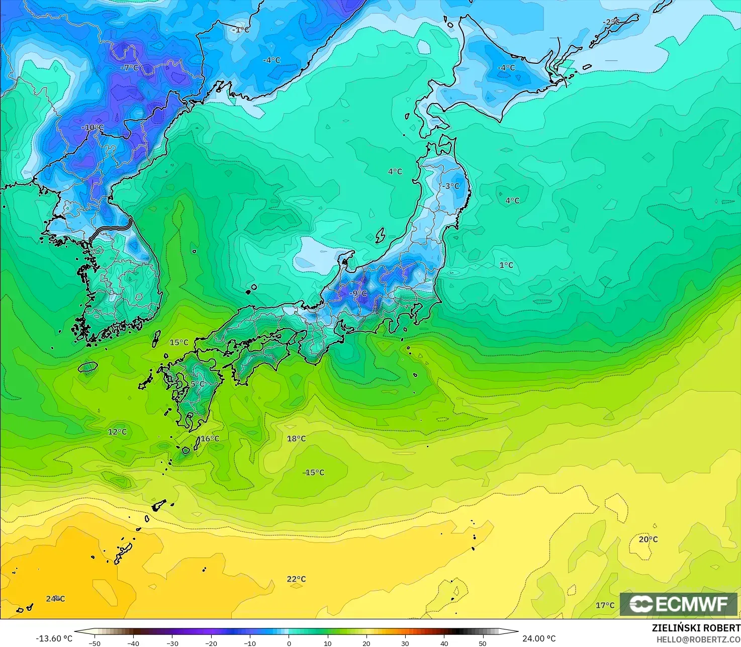 ECMWF IFS 0.25° model - Jepang, Titik Embun 2 m