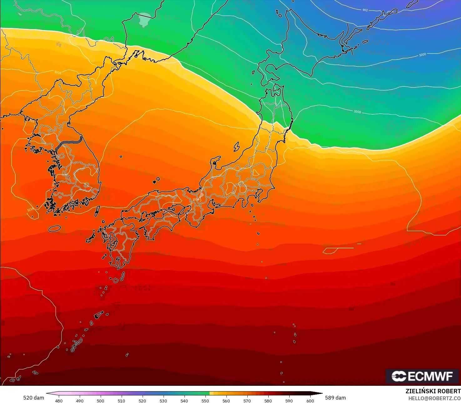 ECMWF IFS 0.25° model - Jepang, Ketinggian geopotensial pada 500 hPa