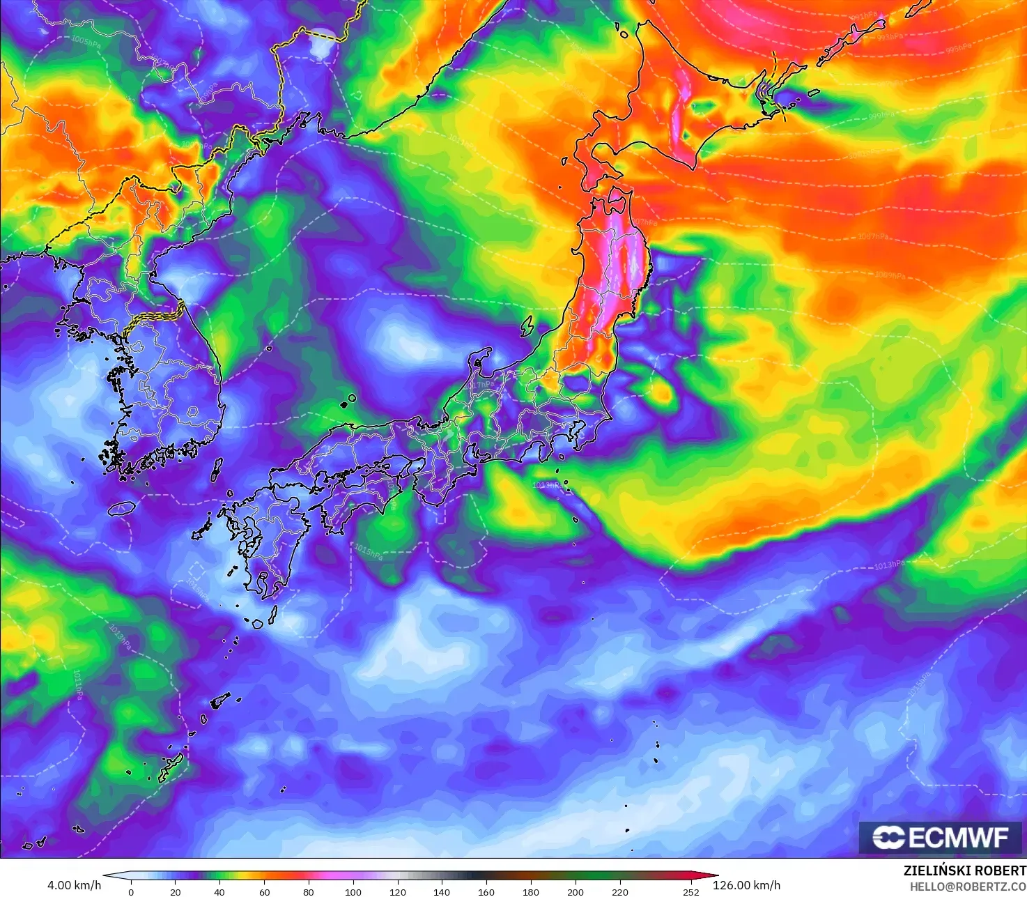 ECMWF IFS 0.25° model - Jepang, Hembusan Angin