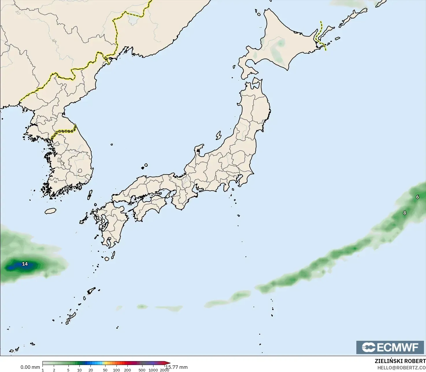 ECMWF IFS 0.25° model - Jepang, Akumulasi Curah Hujan