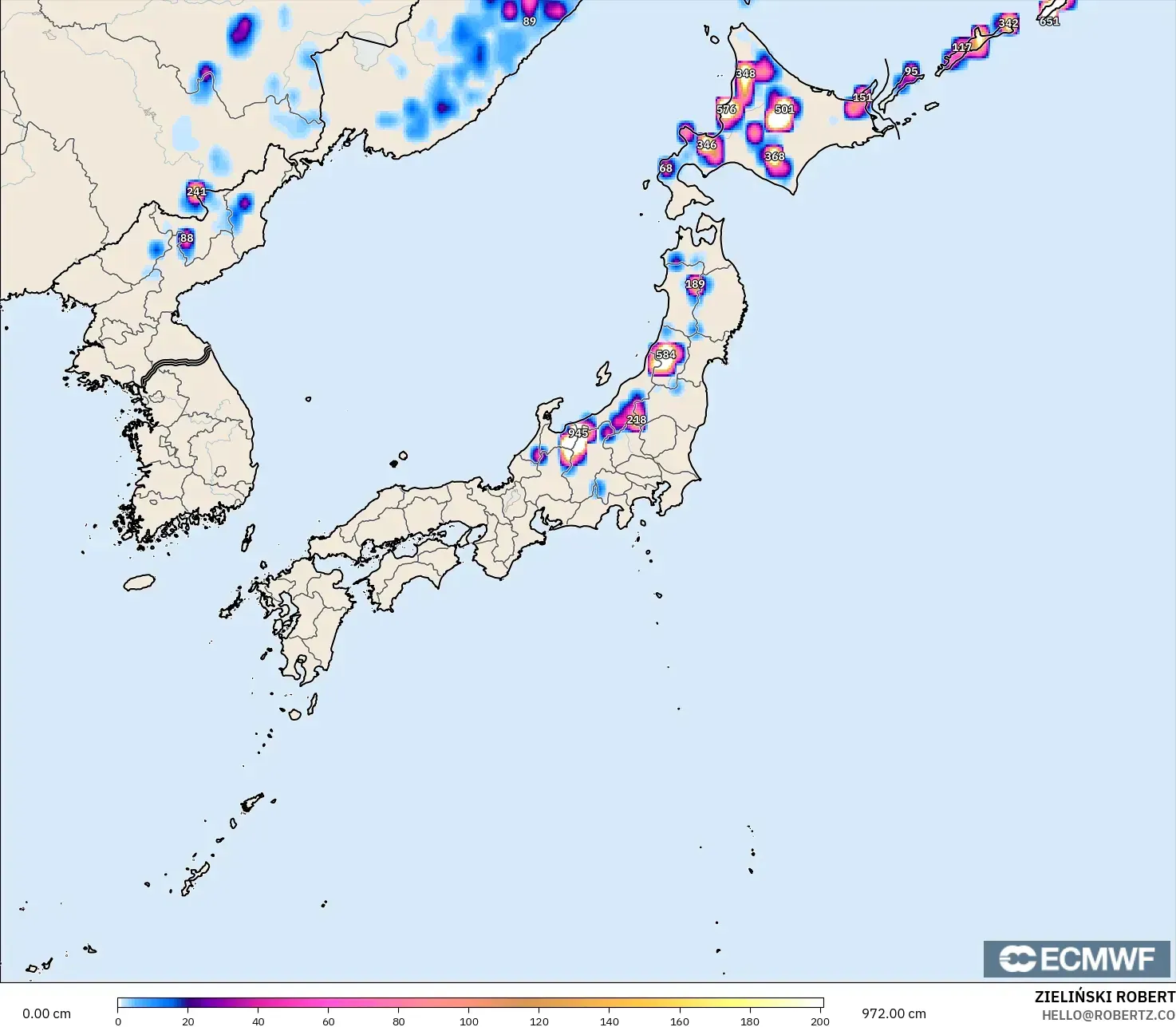 ECMWF IFS 0.25° model - Jepang, Kedalaman Salju