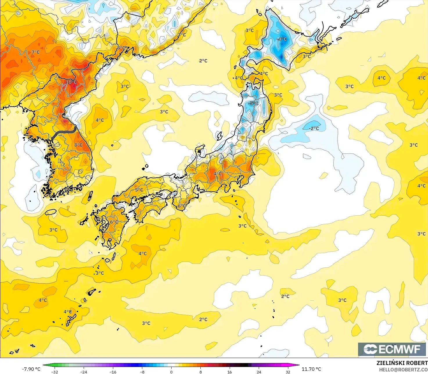 ECMWF IFS 0.25° model - Jepang, Anomali Suhu 2 m