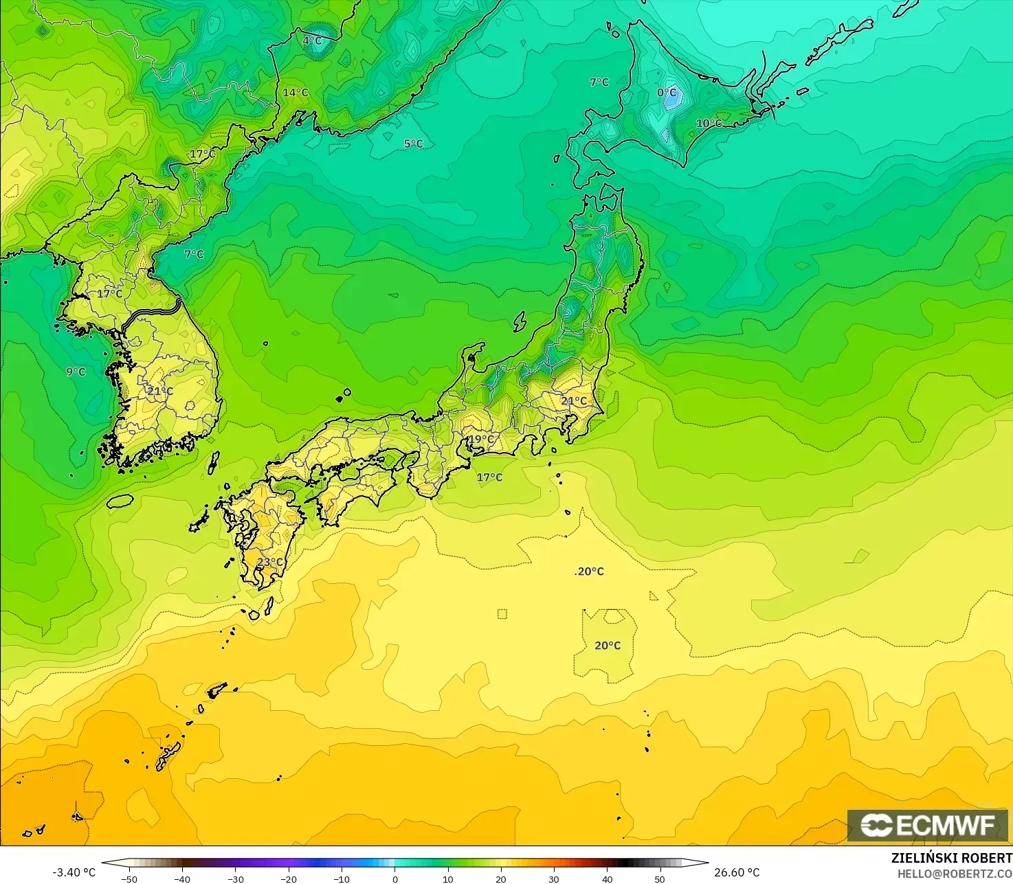 ECMWF IFS 0.25° model - Jepang, Suhu 2 m