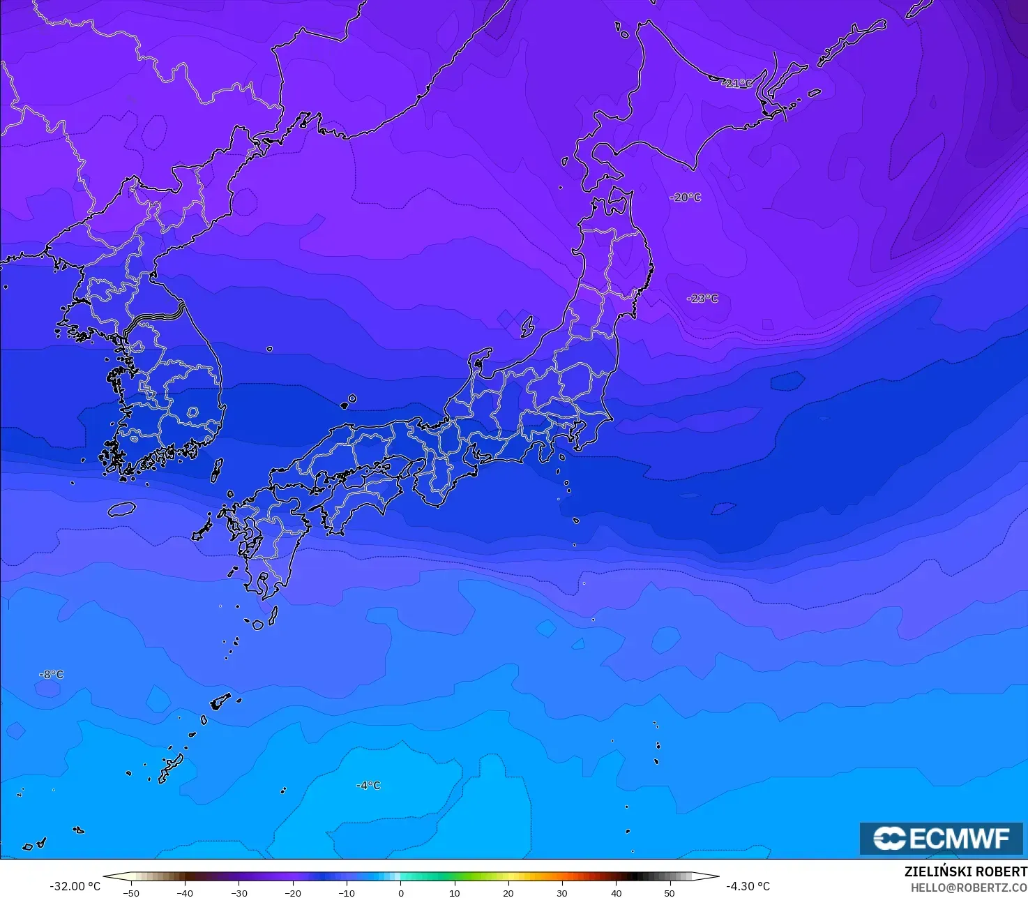 ECMWF IFS 0.25° model - Jepang, Suhu 500 hPa