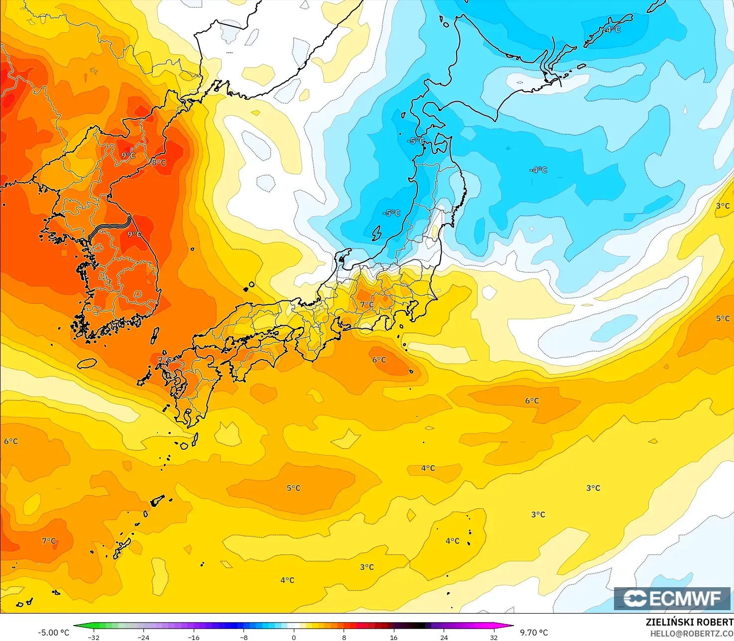 ECMWF IFS 0.25° model - Jepang, Anomali Suhu 850 hPa