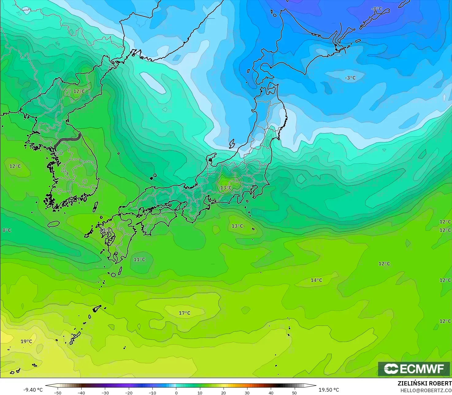 ECMWF IFS 0.25° model - Jepang, Suhu 850 hPa