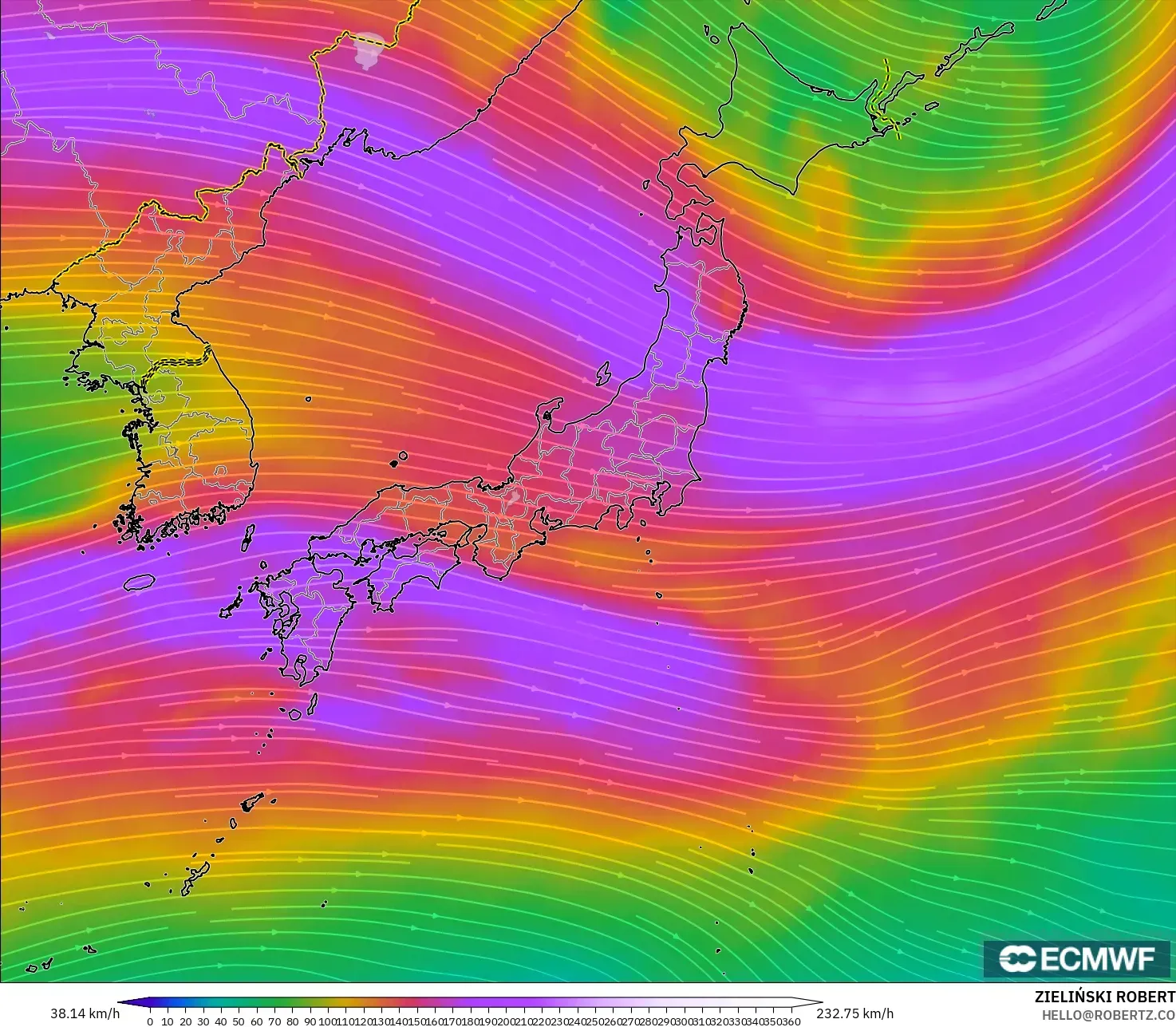 ECMWF IFS 0.25° model - Jepang, Angin 300 hPa (aliran jet)