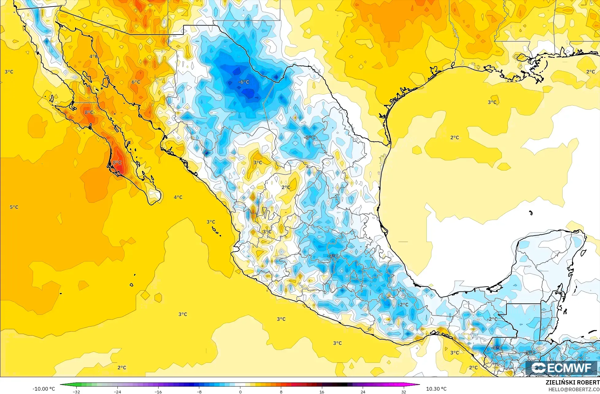 ECMWF IFS 0.25° model - Meksiko, Anomali Suhu 2 m