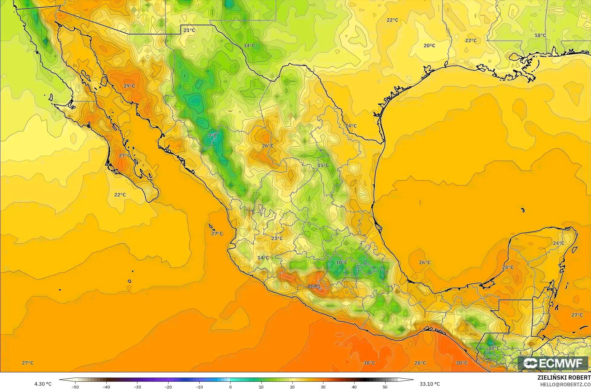 ECMWF IFS 0.25° model - Meksiko, Suhu 2 m
