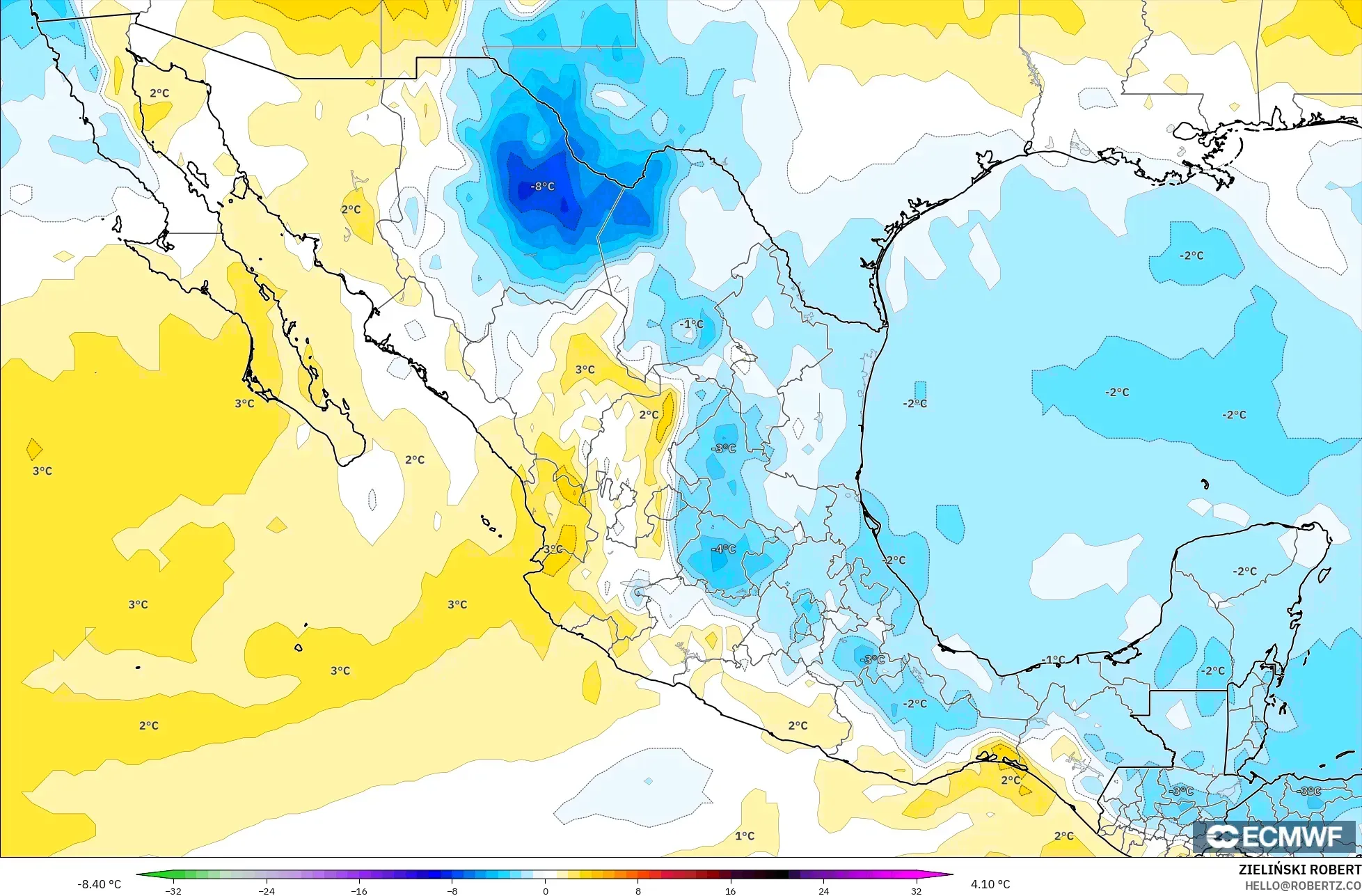 ECMWF IFS 0.25° model - Meksiko, Anomali Suhu 850 hPa