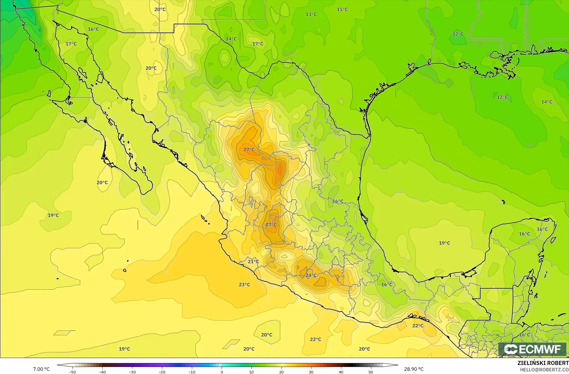 ECMWF IFS 0.25° model - Meksiko, Suhu 850 hPa