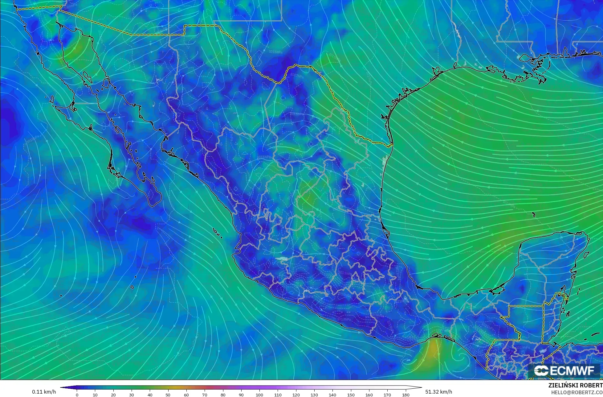 ECMWF IFS 0.25° model - Meksiko, Angin 10 m