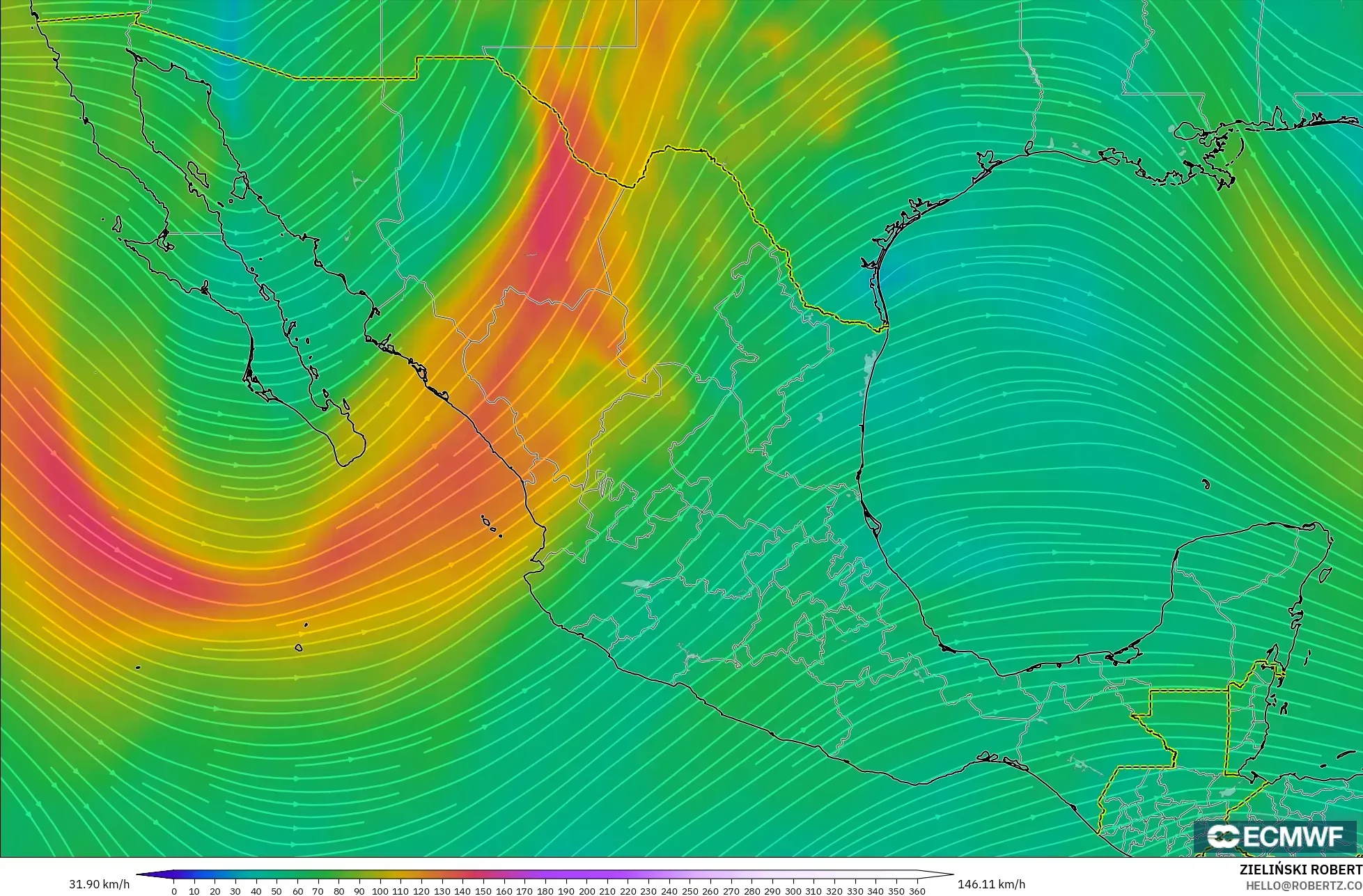 ECMWF IFS 0.25° model - Meksiko, Angin 300 hPa (aliran jet)