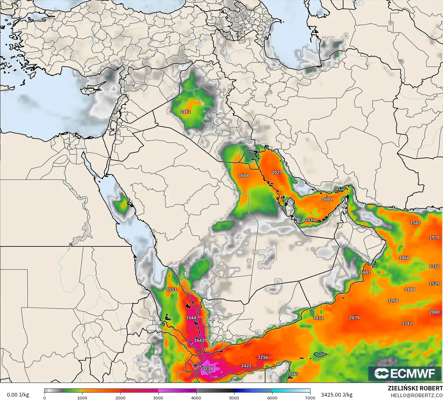 ECMWF IFS 0.25° model - Timur Tengah, CAPE