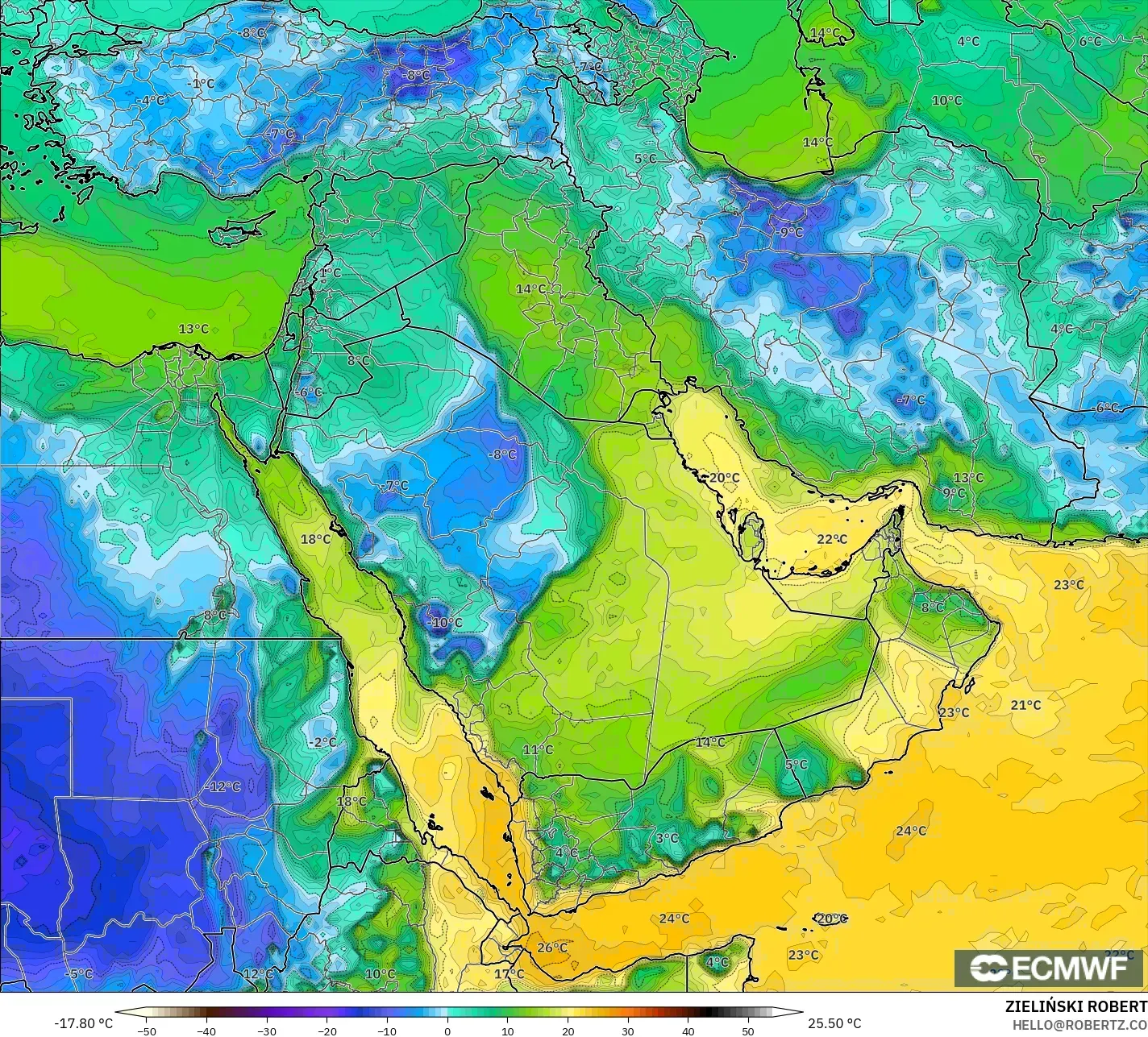 ECMWF IFS 0.25° model - Timur Tengah, Titik Embun 2 m