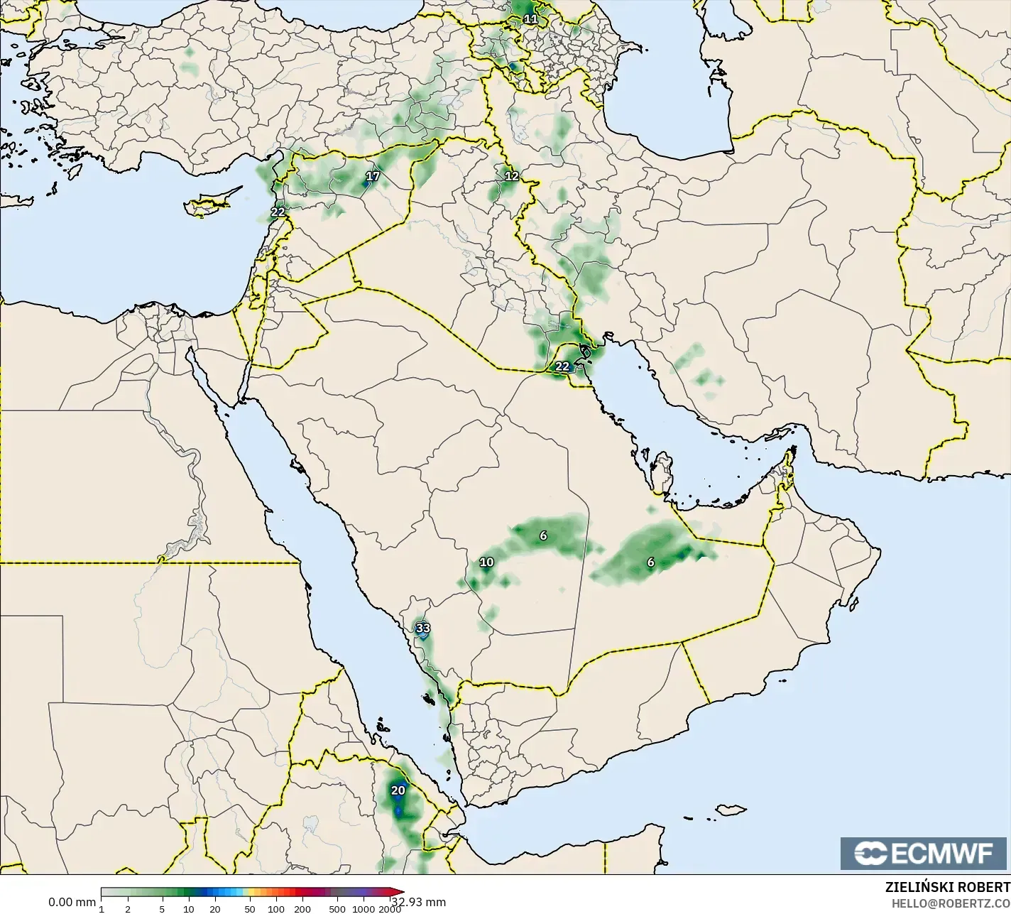 ECMWF IFS 0.25° model - Timur Tengah, Akumulasi Curah Hujan