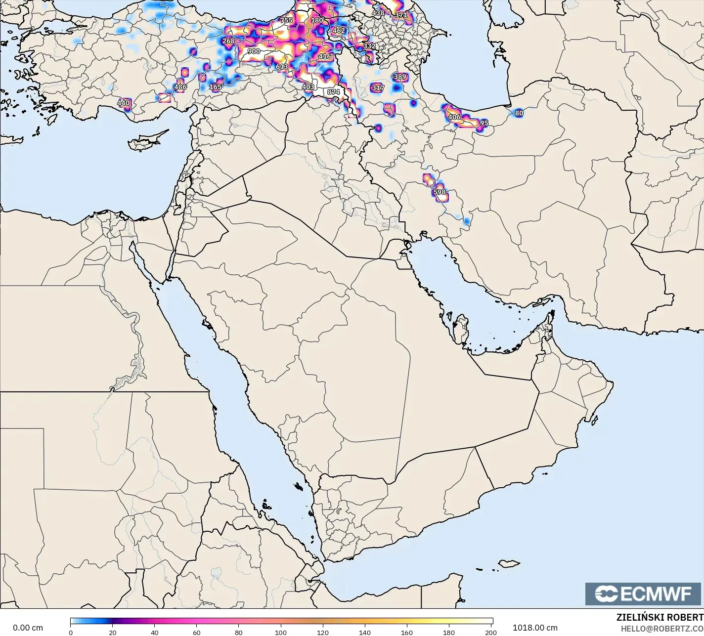 ECMWF IFS 0.25° model - Timur Tengah, Kedalaman Salju