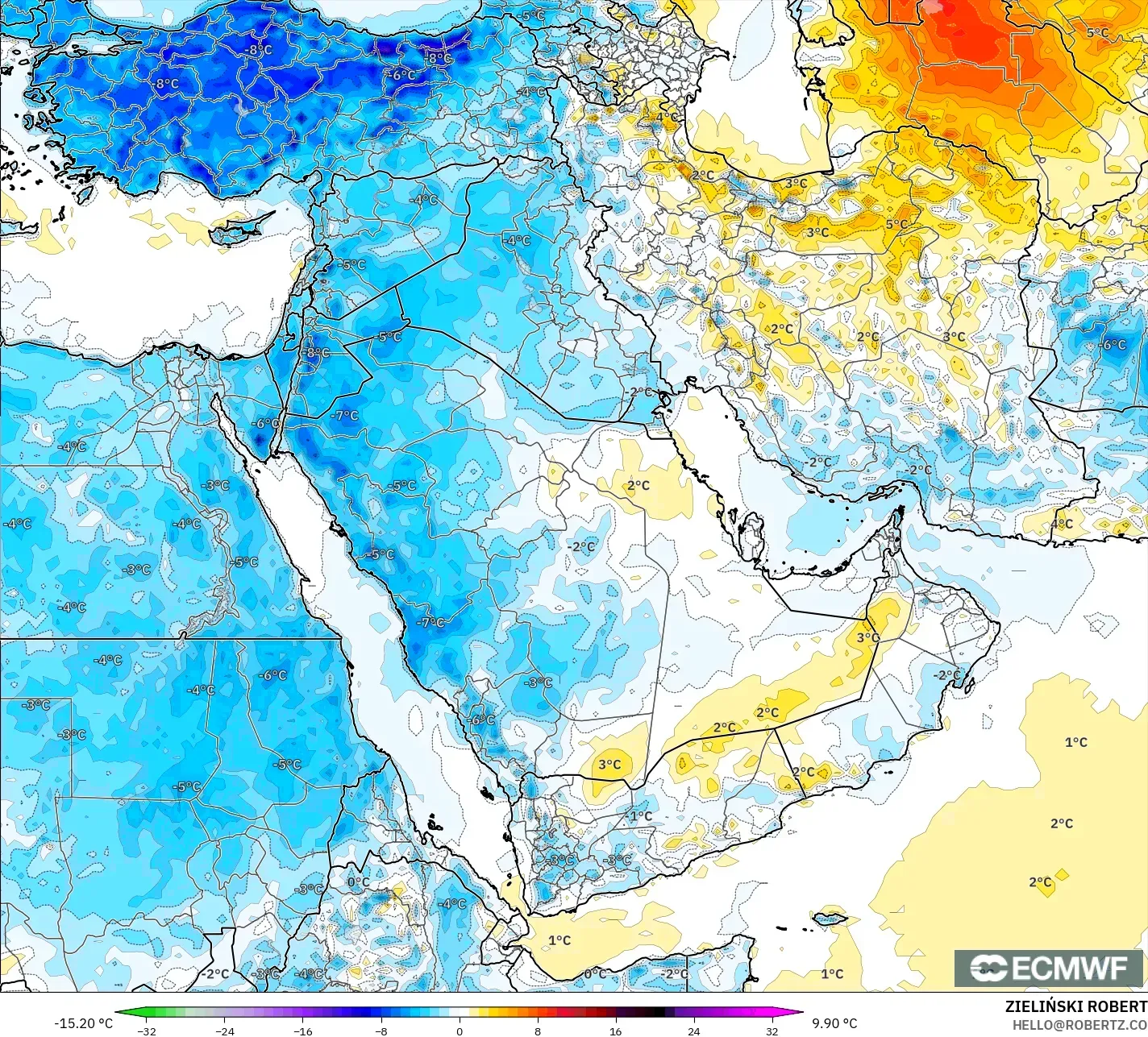 ECMWF IFS 0.25° model - Timur Tengah, Anomali Suhu 2 m