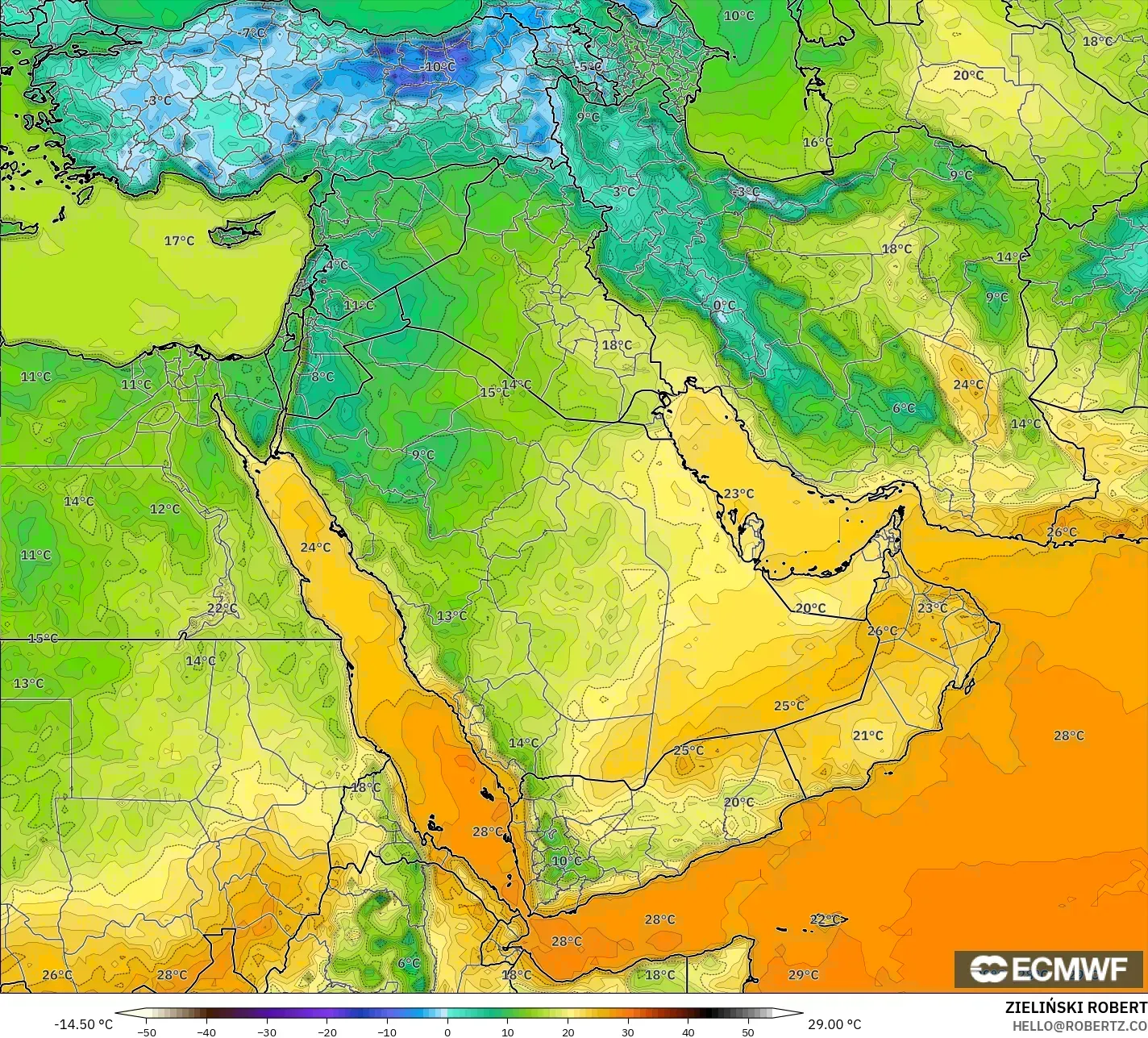 ECMWF IFS 0.25° model - Timur Tengah, Suhu 2 m