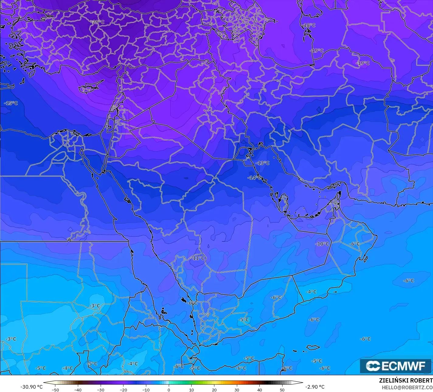 ECMWF IFS 0.25° model - Timur Tengah, Suhu 500 hPa