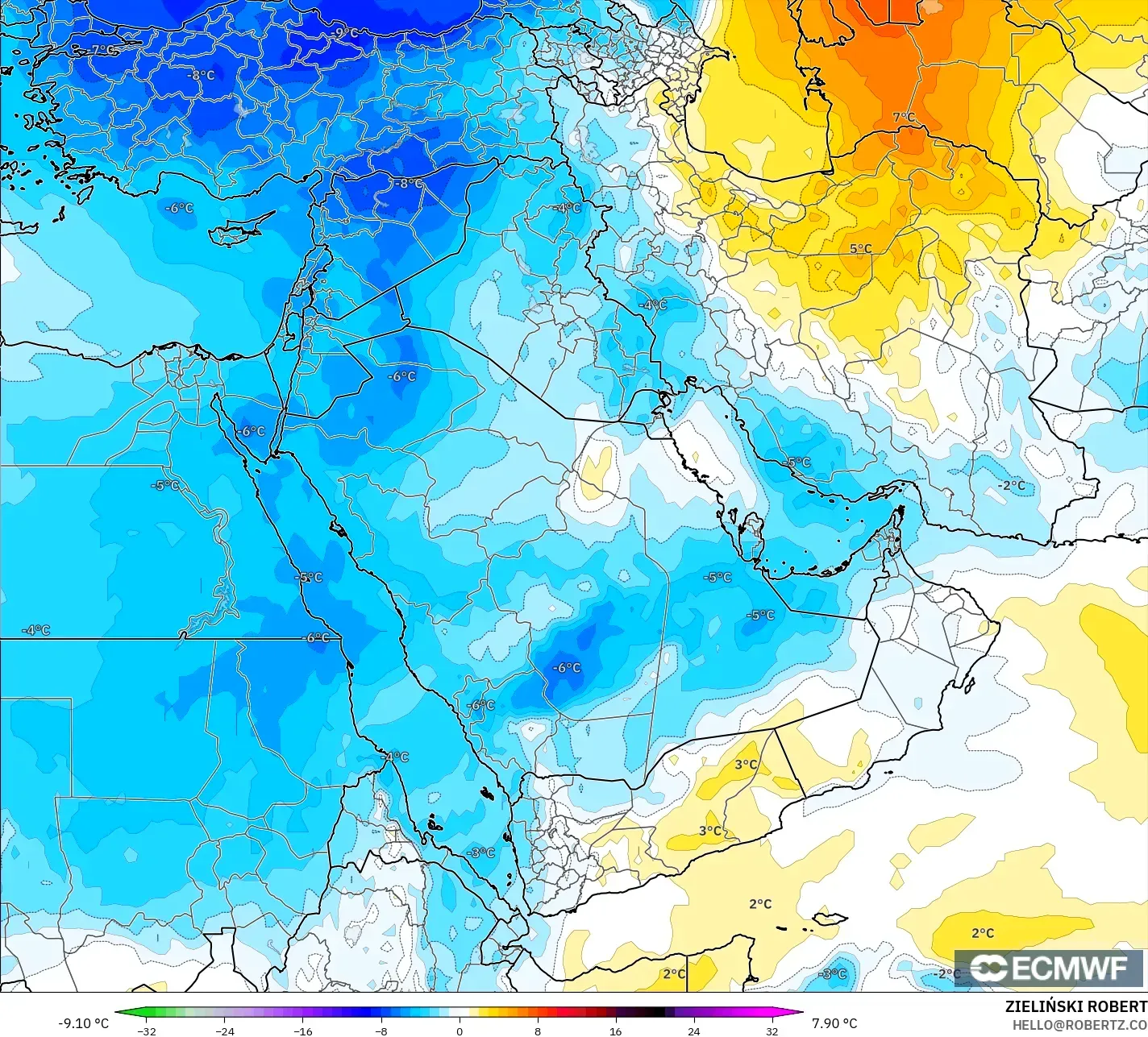 ECMWF IFS 0.25° model - Timur Tengah, Anomali Suhu 850 hPa