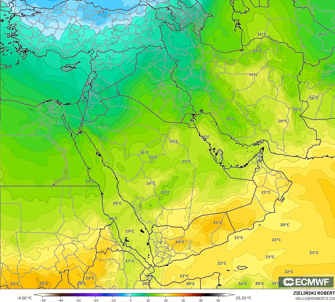 ECMWF IFS 0.25° model - Timur Tengah, Suhu 850 hPa