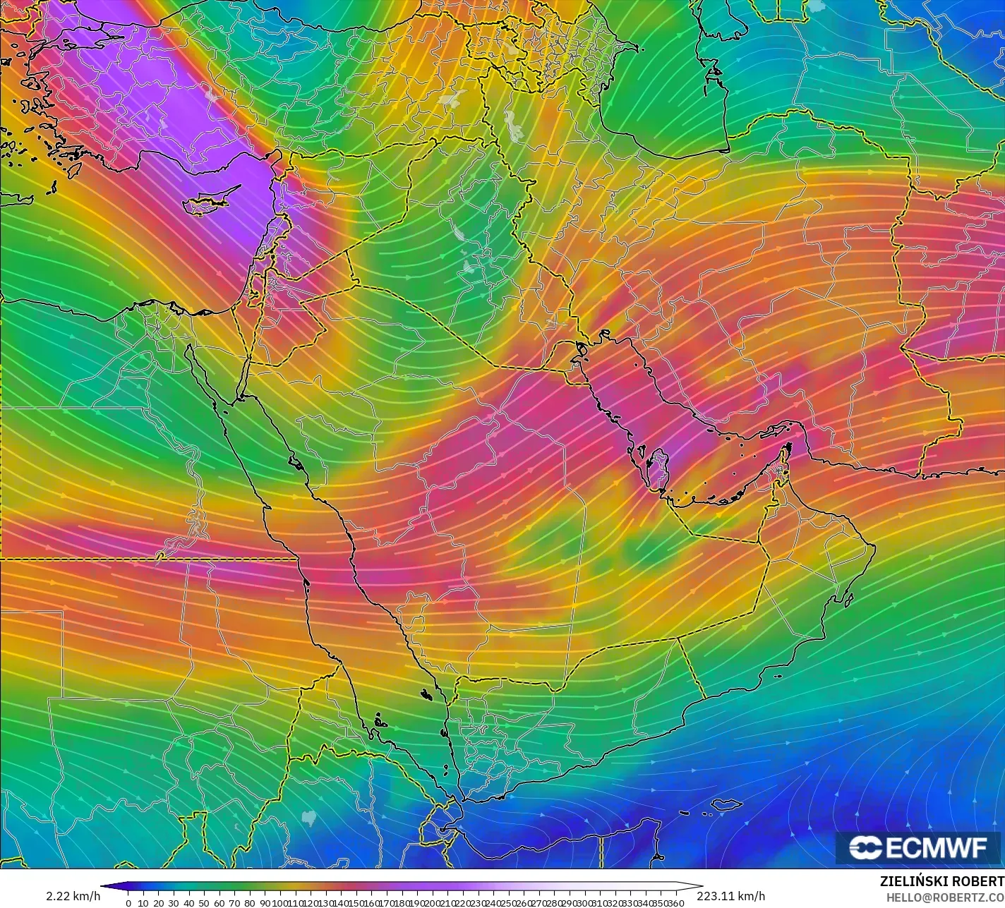 ECMWF IFS 0.25° model - Timur Tengah, Angin 300 hPa (aliran jet)
