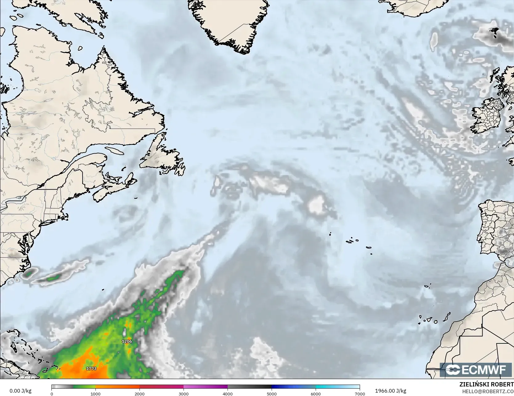 ECMWF IFS 0.25° model - Atlantik Utara, CAPE