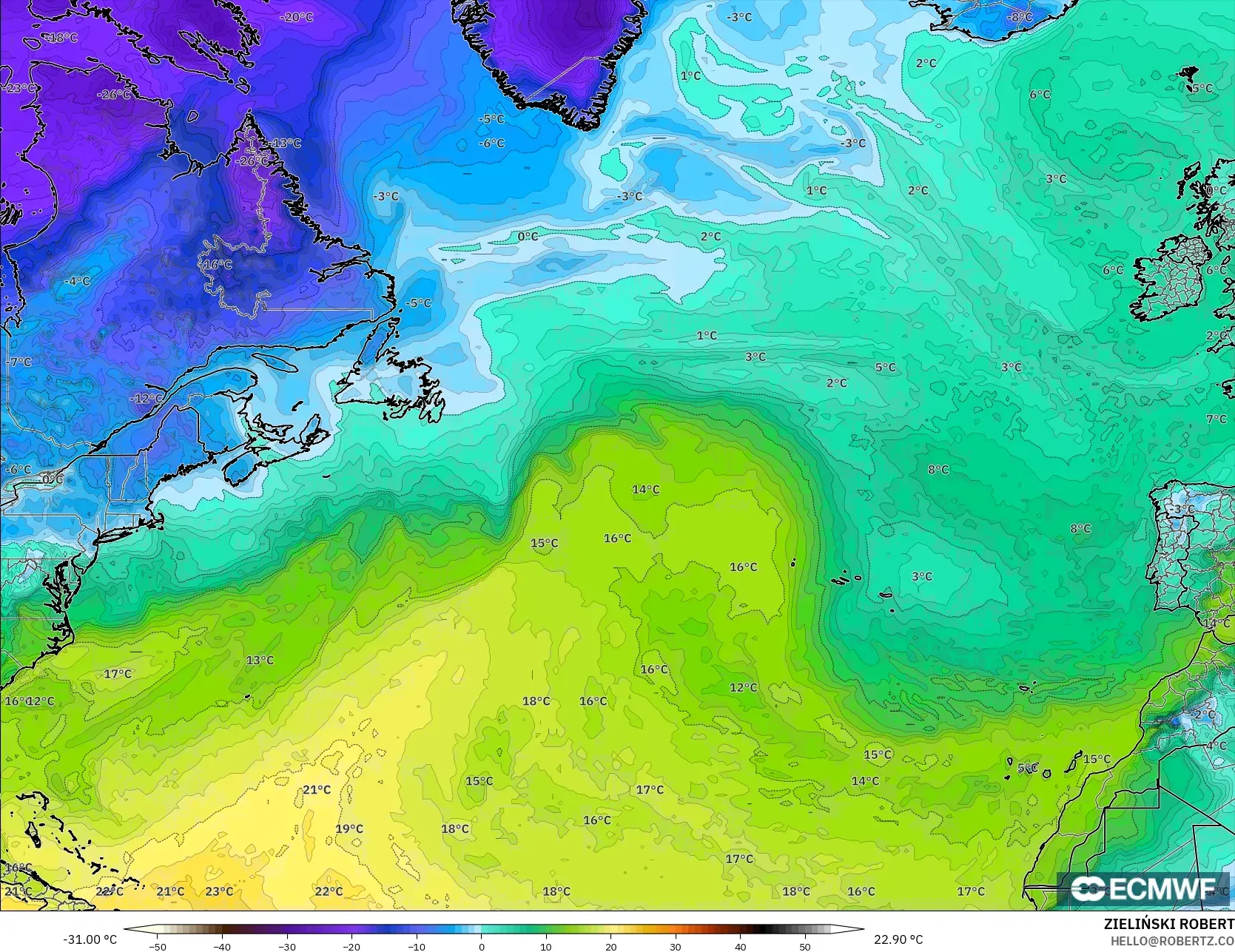 ECMWF IFS 0.25° model - Atlantik Utara, Titik Embun 2 m