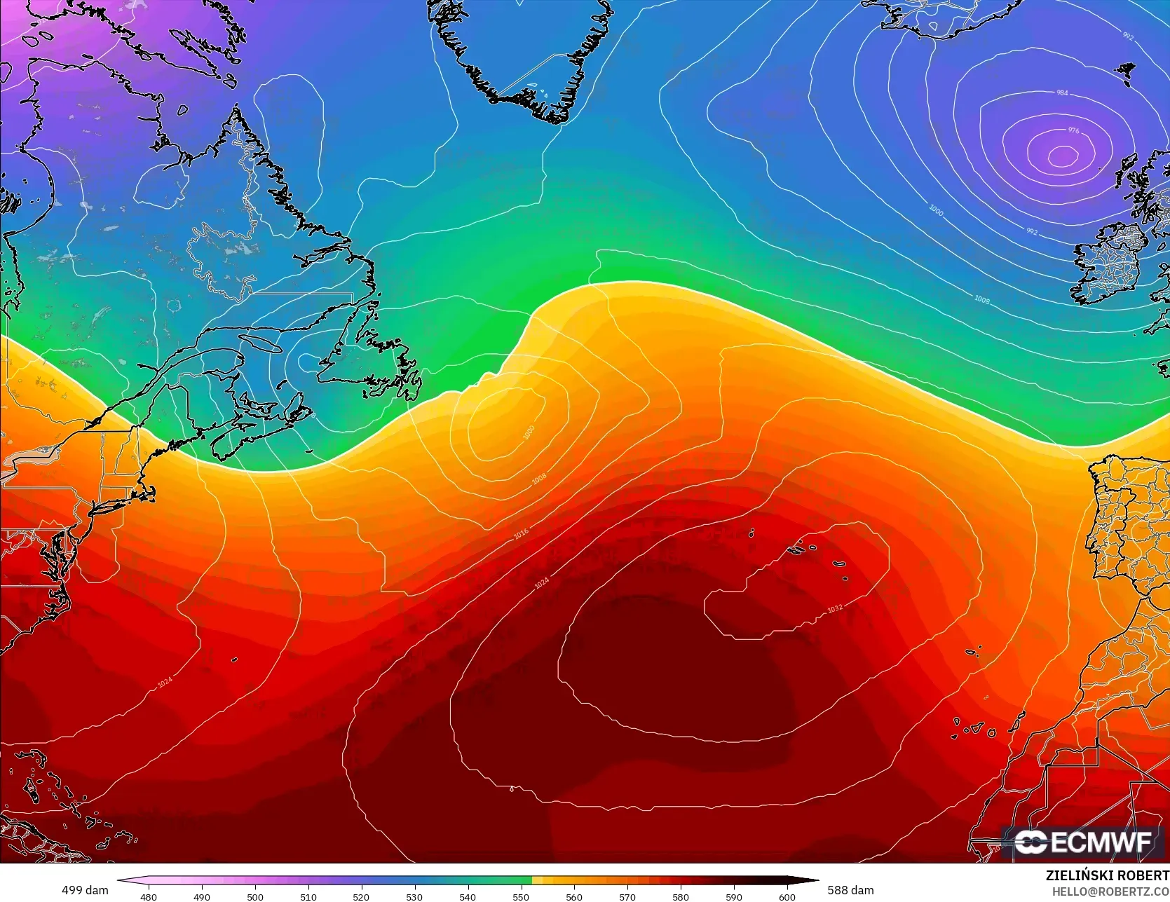 ECMWF IFS 0.25° model - Atlantik Utara, Ketinggian geopotensial pada 500 hPa