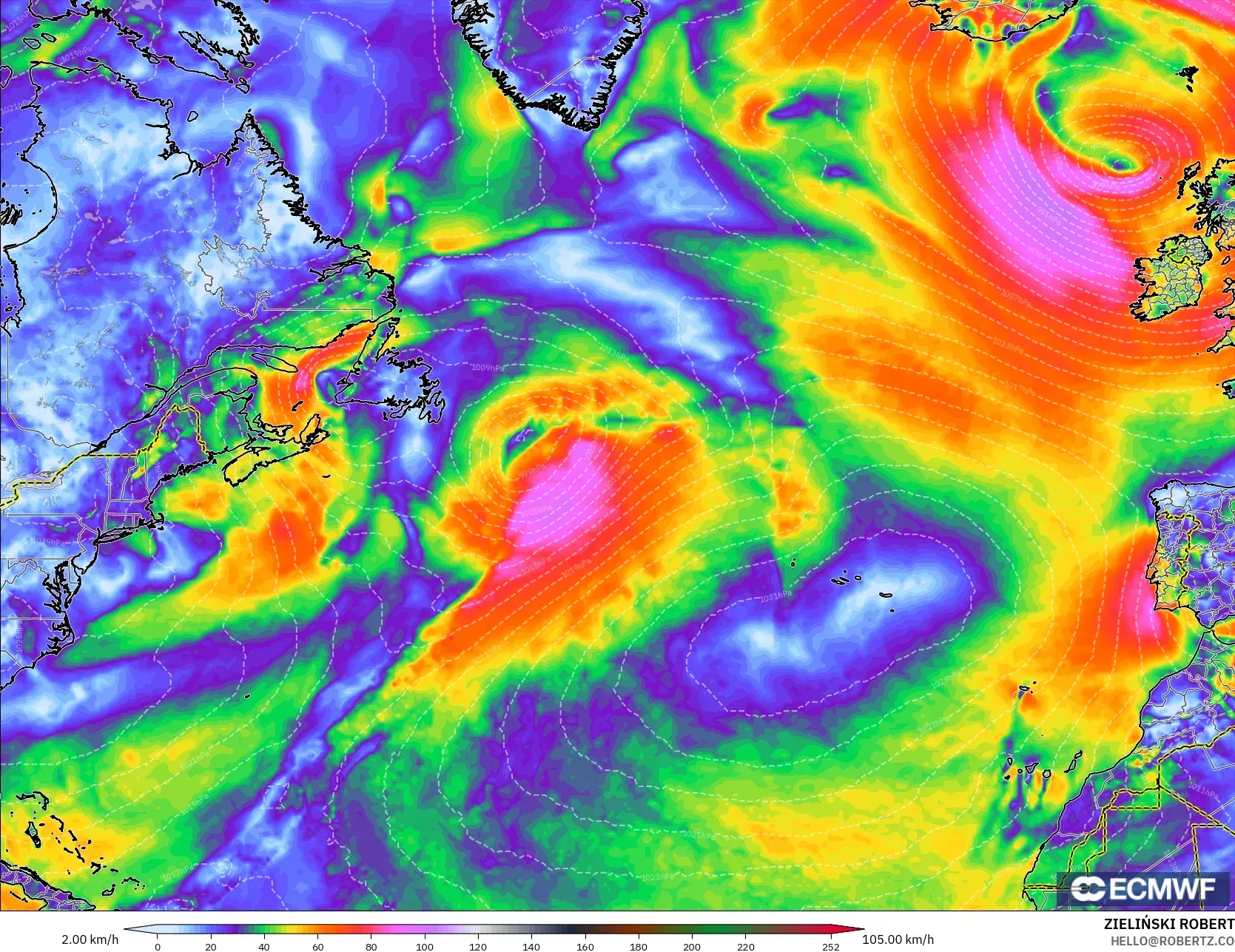 ECMWF IFS 0.25° model - Atlantik Utara, Puncak Hembusan