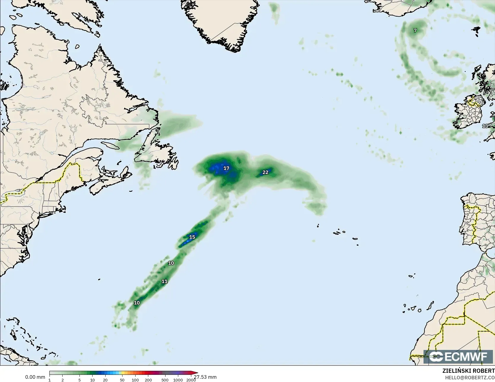 ECMWF IFS 0.25° model - Atlantik Utara, Akumulasi Curah Hujan