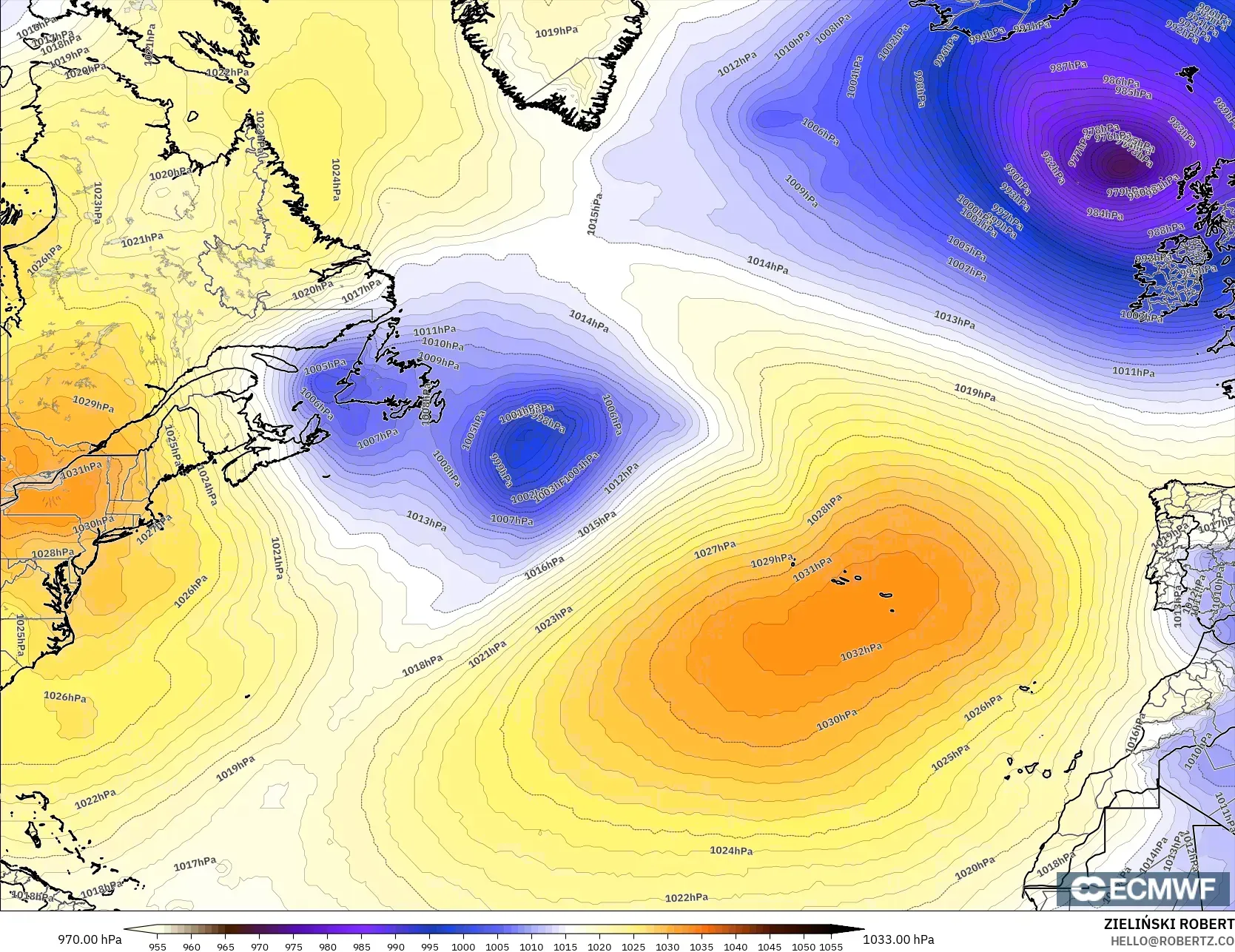 ECMWF IFS 0.25° model - Atlantik Utara, Tekanan