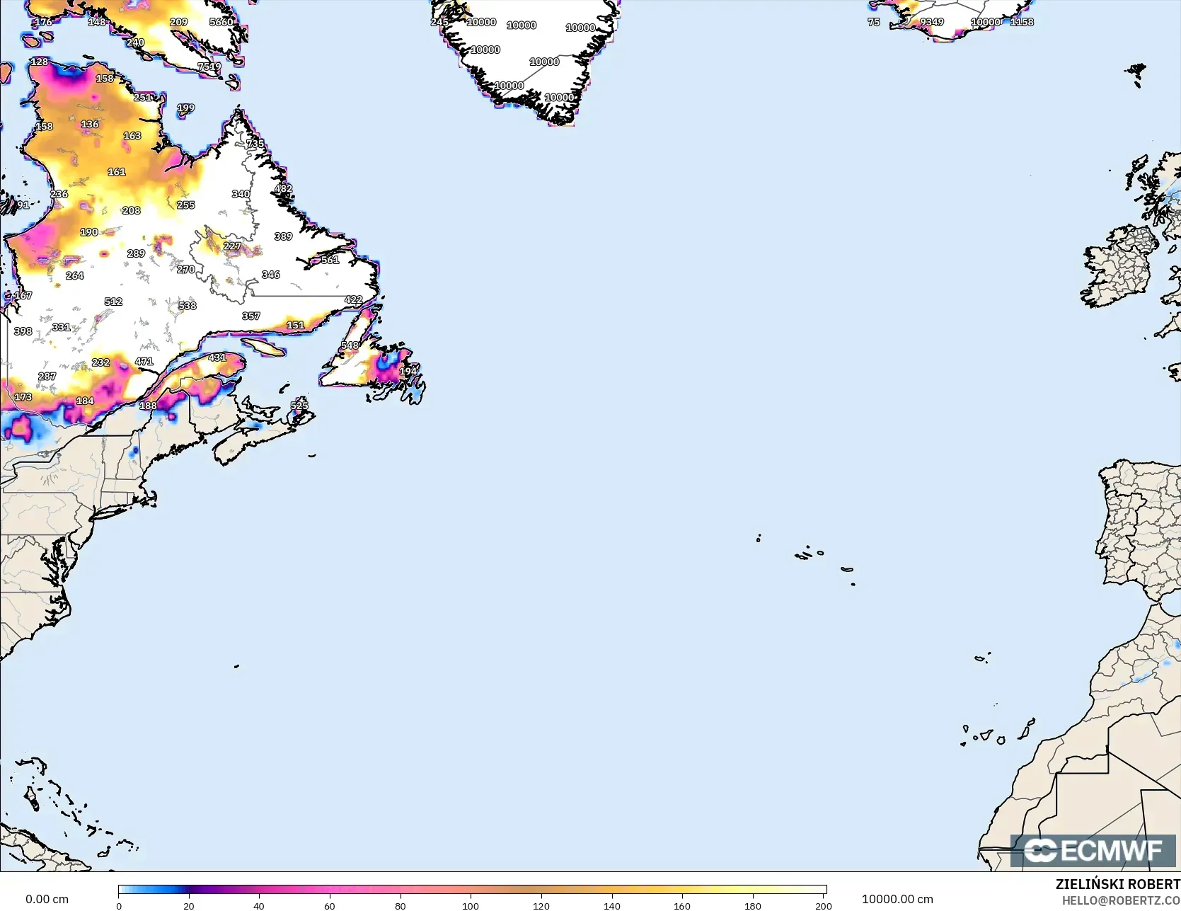 ECMWF IFS 0.25° model - Atlantik Utara, Kedalaman Salju