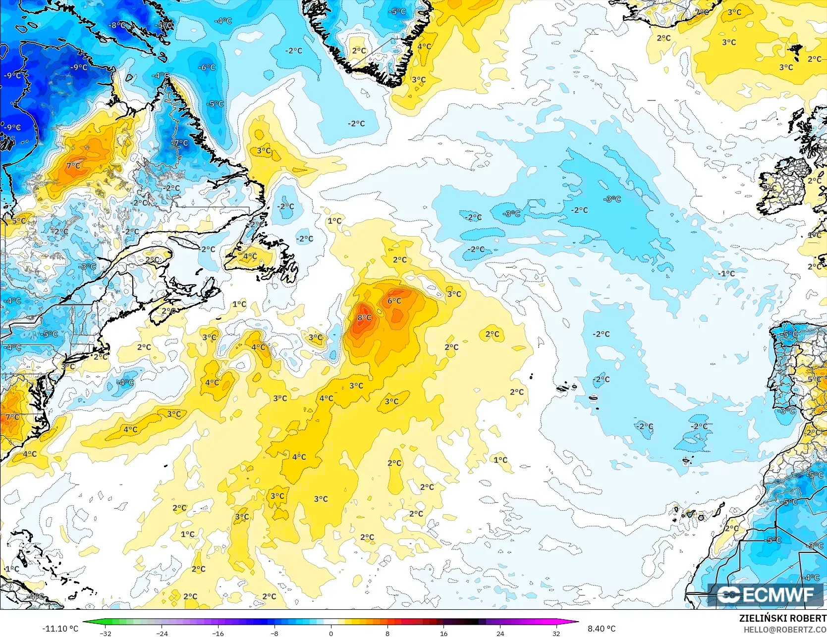 ECMWF IFS 0.25° model - Atlantik Utara, Anomali Suhu 2 m