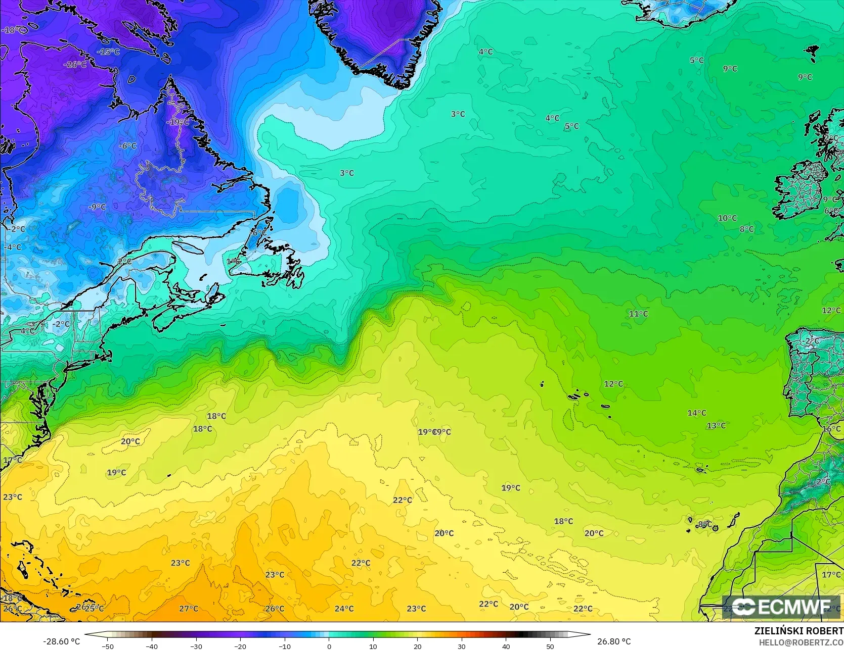 ECMWF IFS 0.25° model - Atlantik Utara, Suhu 2 m