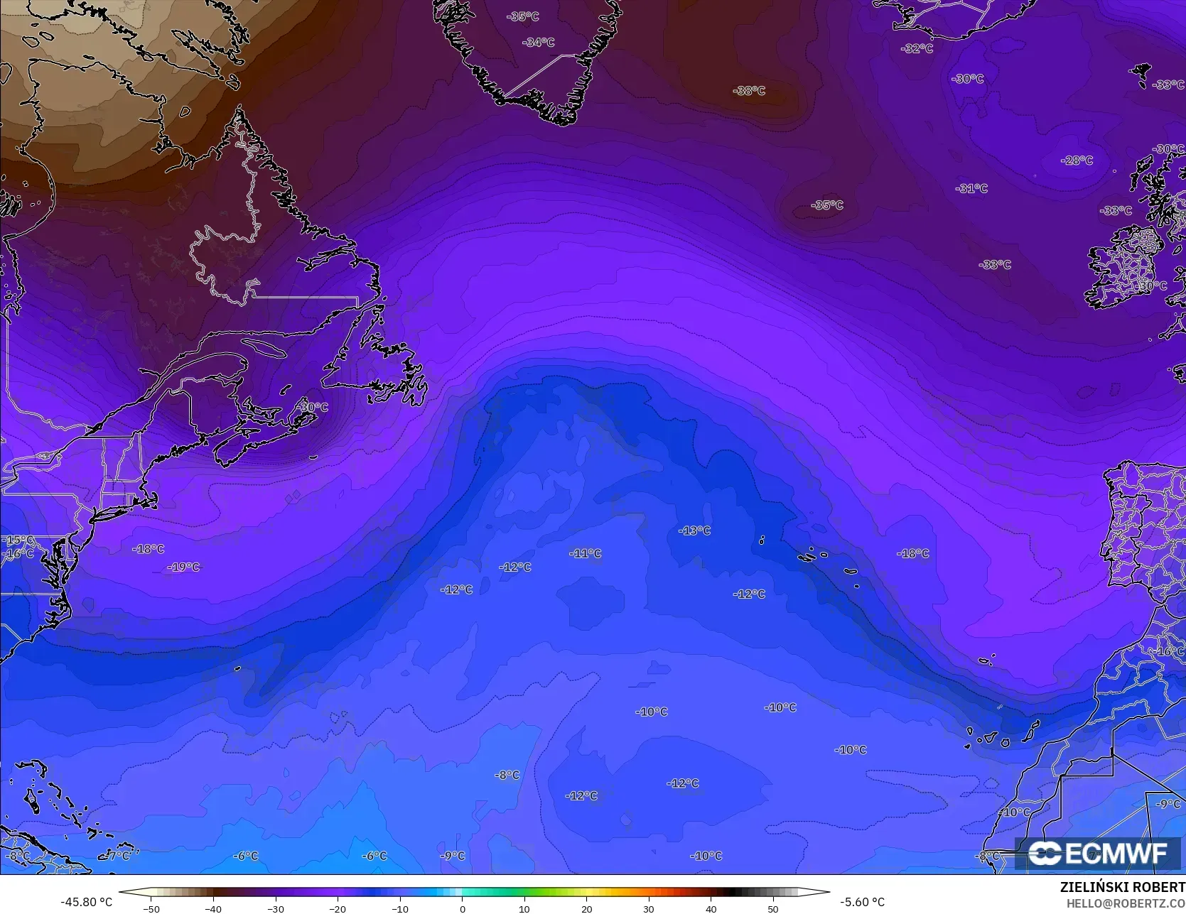 ECMWF IFS 0.25° model - Atlantik Utara, Suhu 500 hPa