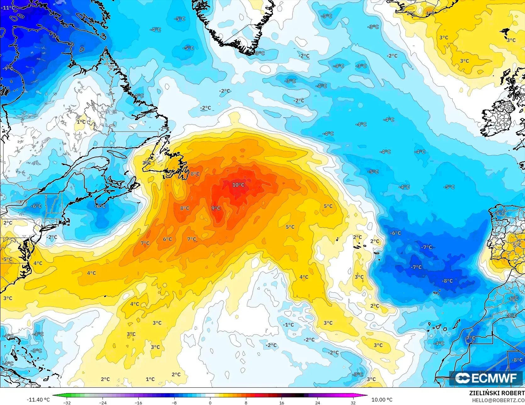 ECMWF IFS 0.25° model - Atlantik Utara, Anomali Suhu 850 hPa